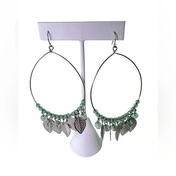 3” Handmade Pastel Green Beads With Silver Leaves Hoop - Light Green Boho Plants - Picture 3 of 5